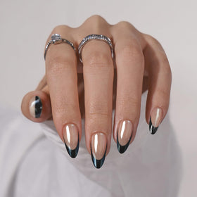 BTArtbox Press On Nails Black Swan side view showing short almond shape