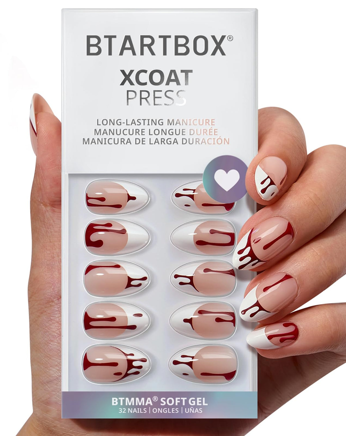 BTArtbox Press On Nails Blood Drip Short Almond Pink French Tip front view