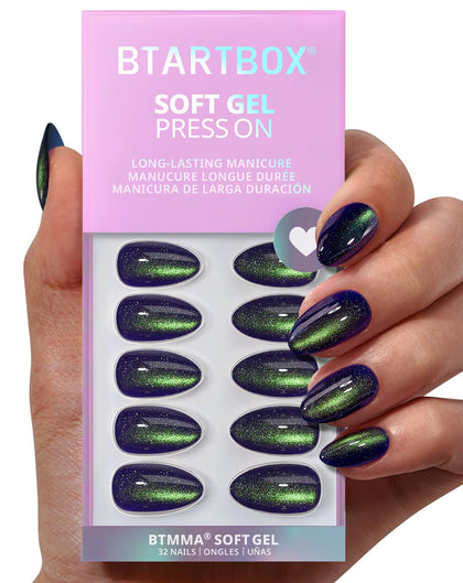 BTArtbox Press On Nails blue cat eye design front view
