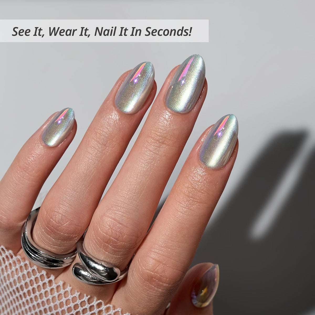 BTArtbox Press On Nails Chaos Chrome short almond shape close-up