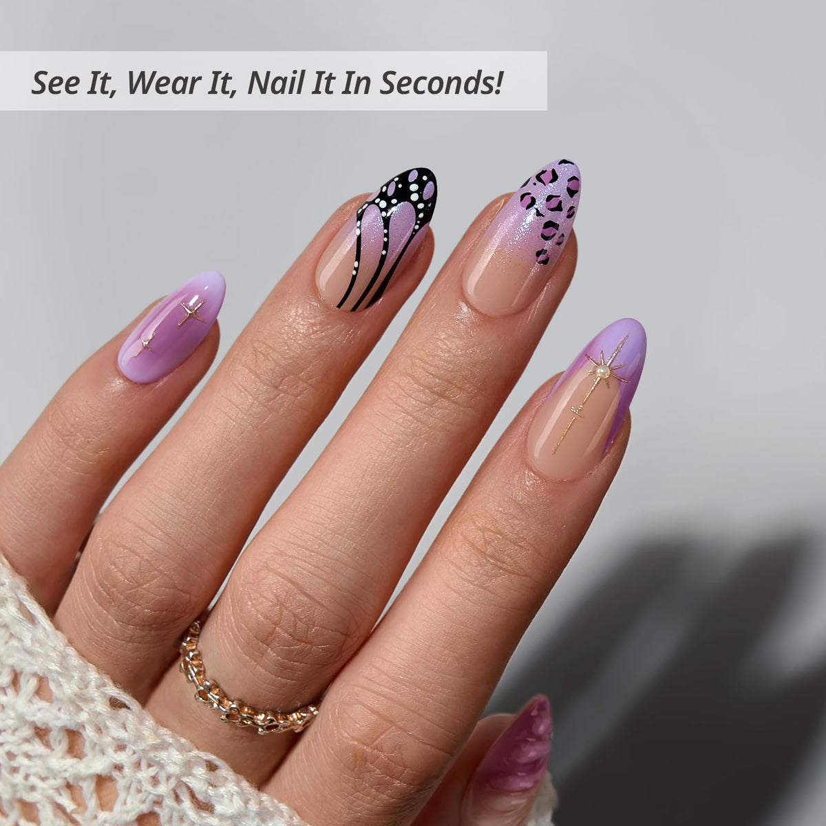 BTArtbox Press On Nails Flutter Besties close-up of medium almond shape