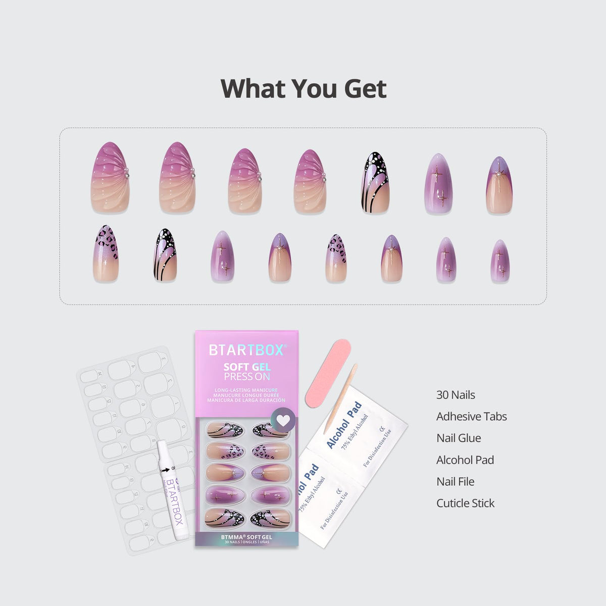 BTArtbox Press On Nails Flutter Besties packaging with included accessories