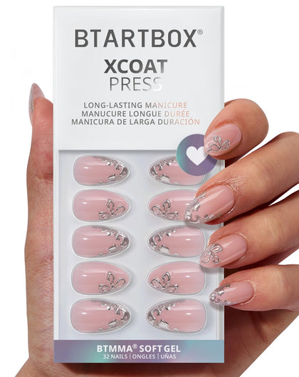 BTArtbox Press On Nails Frost Glam front view with 3D silver flower