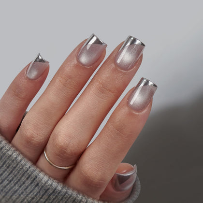 BTArtbox Press On Nails Gleaming Short Square Metallic Cat Eye front view