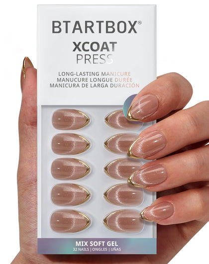 BTArtbox Press On Nails Gold Drops Short Almond front view