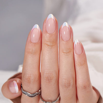 BTArtbox Press On Nails Mermaid Short Almond White French Tip front view
