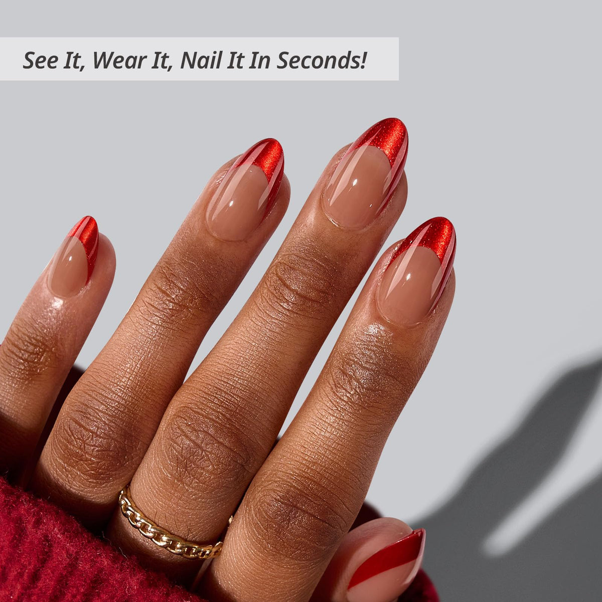 BTArtbox Press On Nails Ruby Slipper side view showing almond shape
