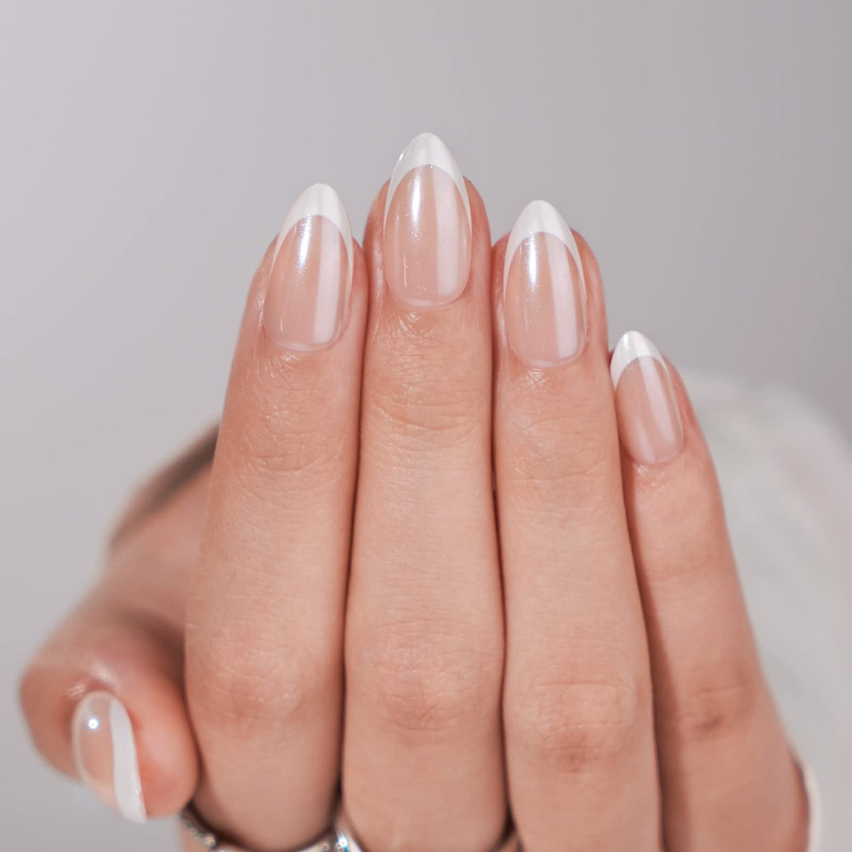 BTArtbox Press On Nails Short Almond White French Tip front view
