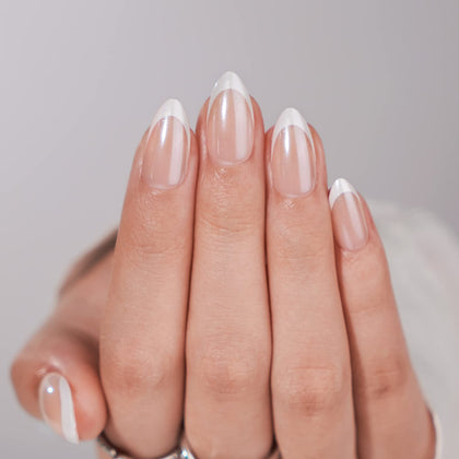 BTArtbox Press On Nails Short Almond White French Tip front view