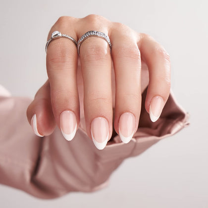 BTArtbox Press On Nails Short Almond White French Tip front view