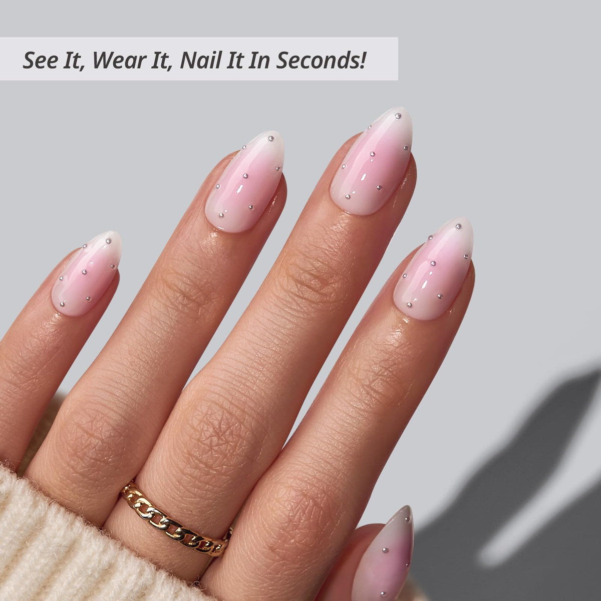 BTArtbox Press On Nails Shy Metal side view showing almond shape