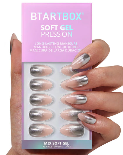 BTArtbox Press On Nails Silver Fizz front view with chrome glitter
