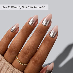 BTArtbox Press On Nails Silver Fizz side view showing almond shape