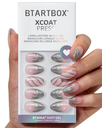BTArtbox Press On Nails Sparkle Bow front view with pink French tip