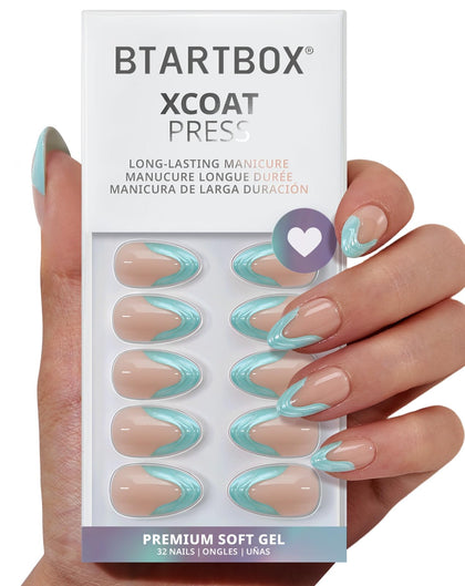 BTArtbox Press On Nails Wave Ride front view with blue French tips