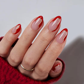 BTArtbox Press On Nails Wildfire Waves short almond red French tip front view
