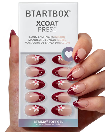 BTArtbox Rococo Bloom Press On Nails front view with red French tips