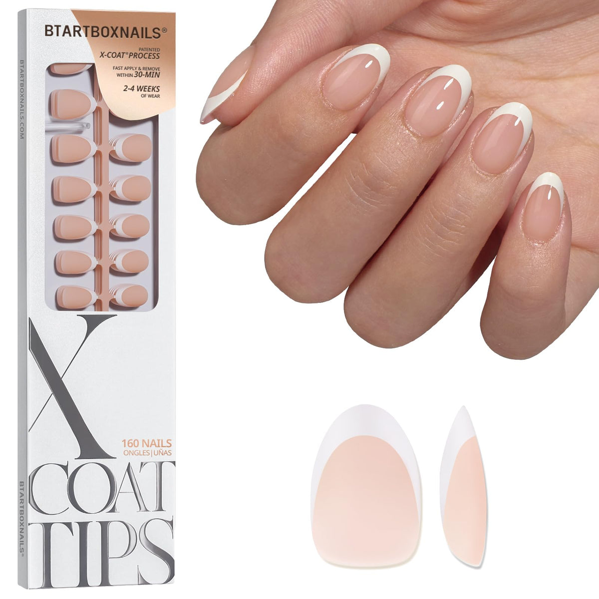 BTARTBOXNAILS French Tip Press On Nails XS Oval Nude front view