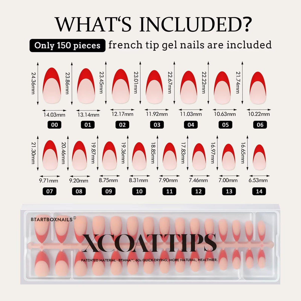 BTARTBOXNAILS Red French Tip Press On Nails in various sizes