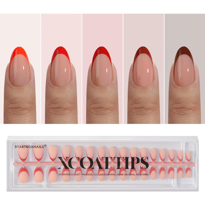 BTARTBOXNAILS Red French Tip Press On Nails Short Almond Peach front view
