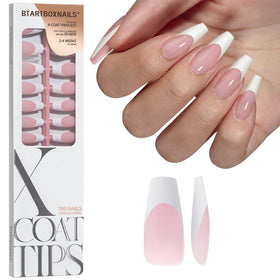 BTARTBOXNAILS White French Tip Press On Nails long coffin pink front view