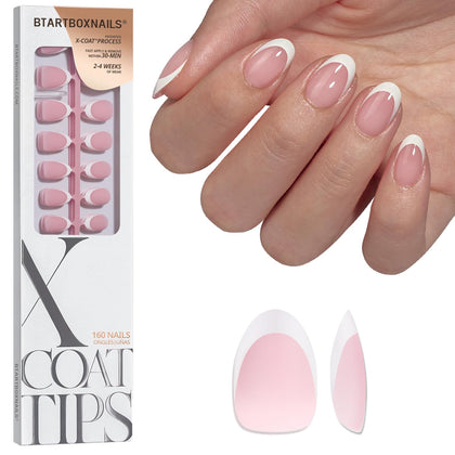 BTARTBOXNAILS White French Tip Press On Nails XS Oval Pink front view
