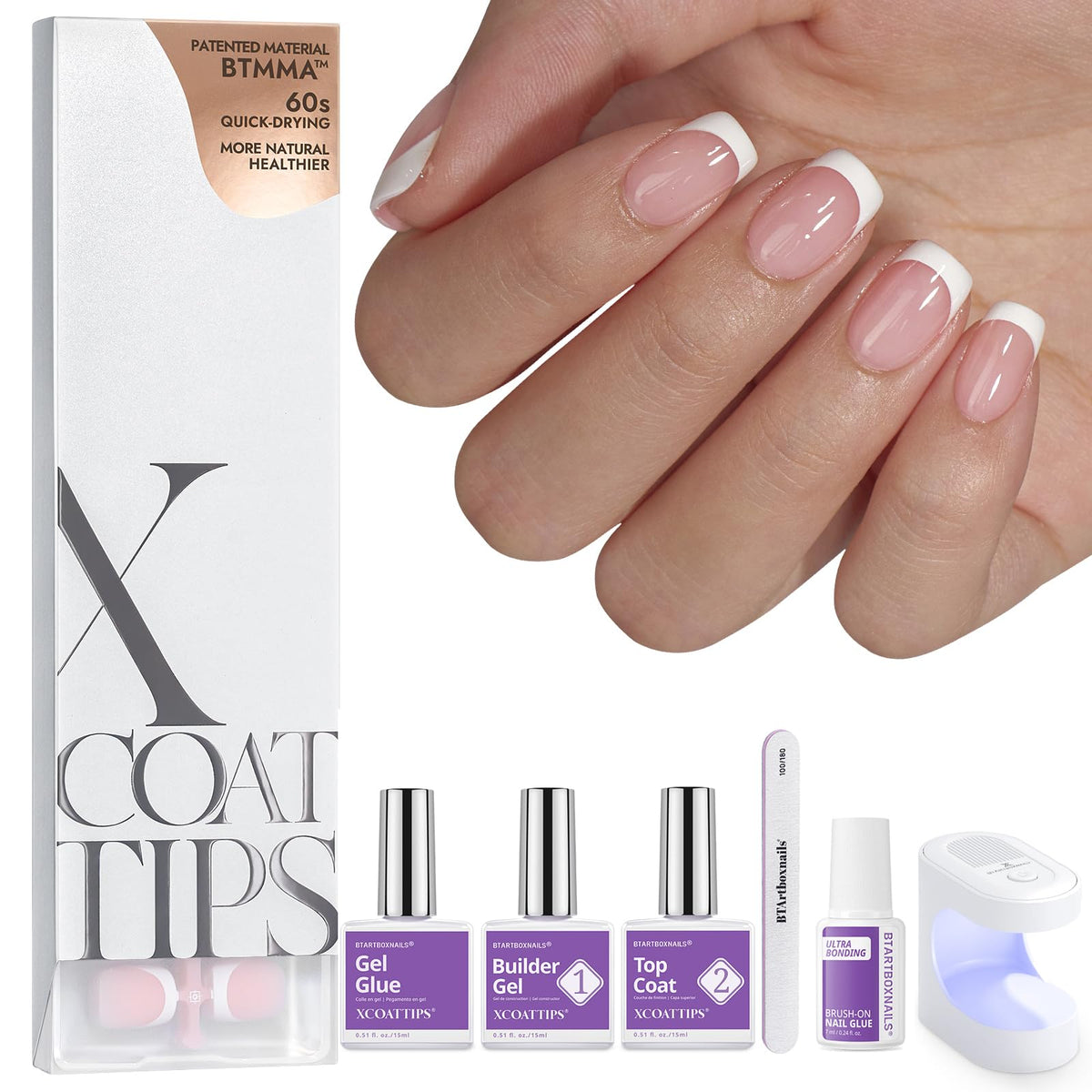 BTARTBOXNAILS White French Tip Press On Nails XS Squoval Pink front view