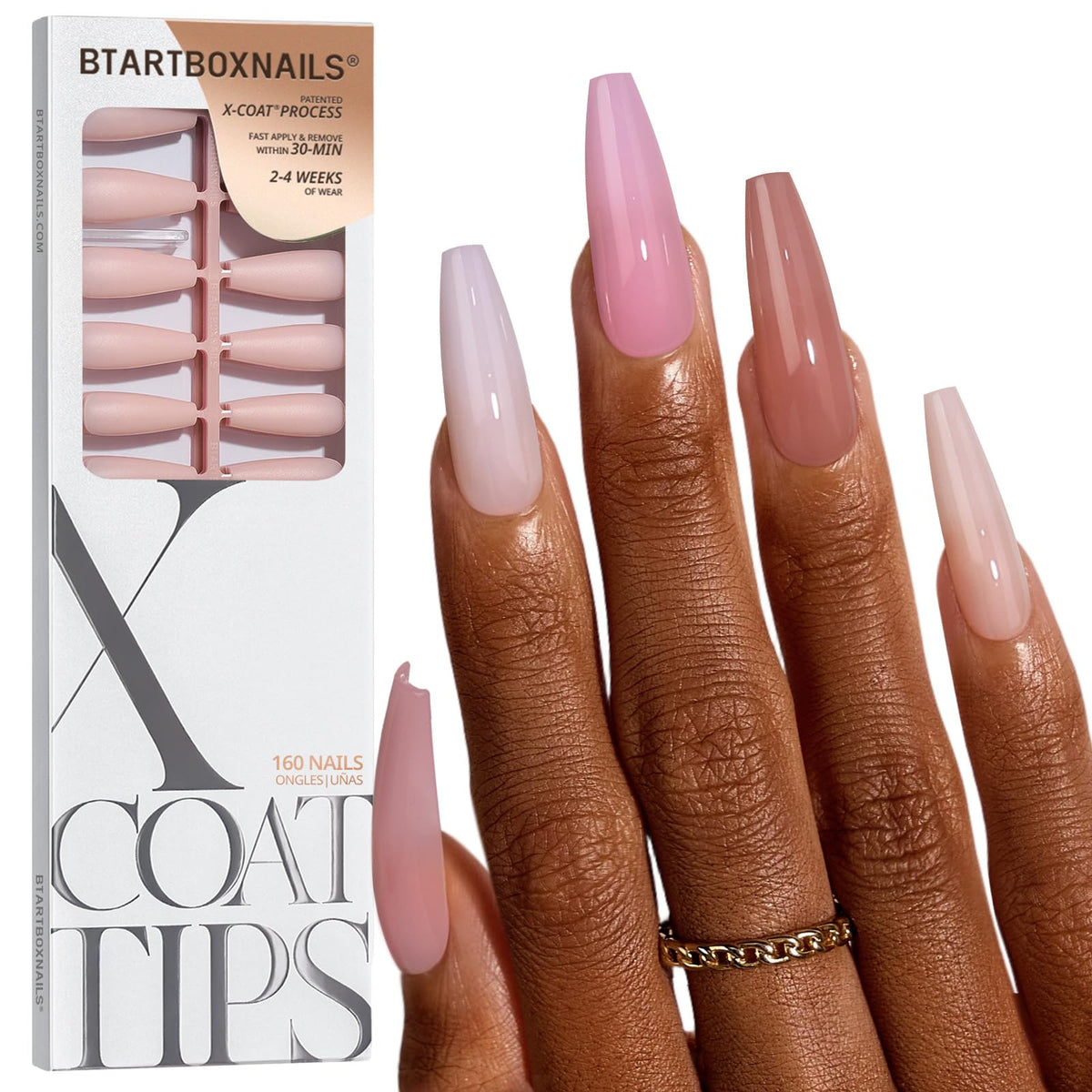 BTARTBOXNAILS XL Coffin Press On Nails 5-Shade Nude front view