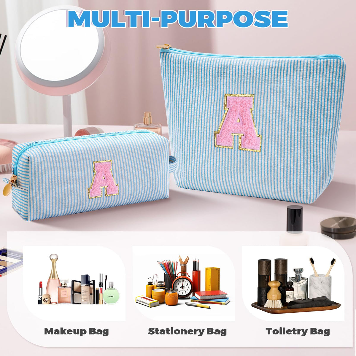 Btffitting makeup bag set in blue on a table