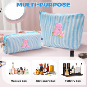 Btffitting makeup bag set in blue on a table