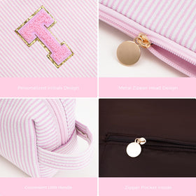 Btffitting pink makeup bag set displayed with cosmetics