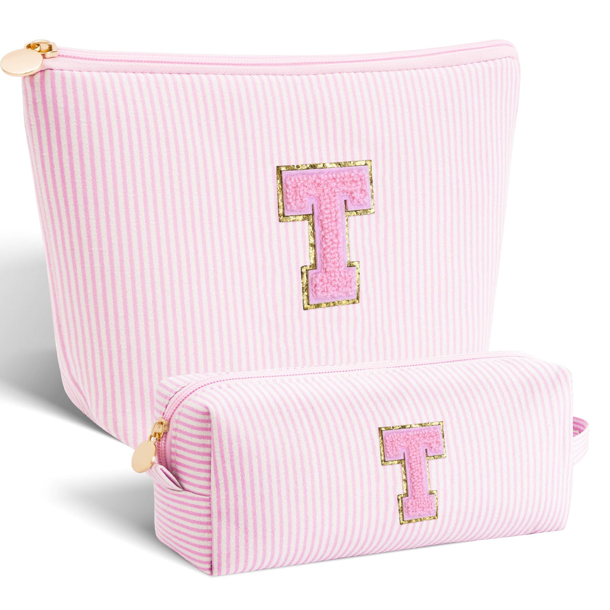 Btffitting pink makeup bag set front view with initials design