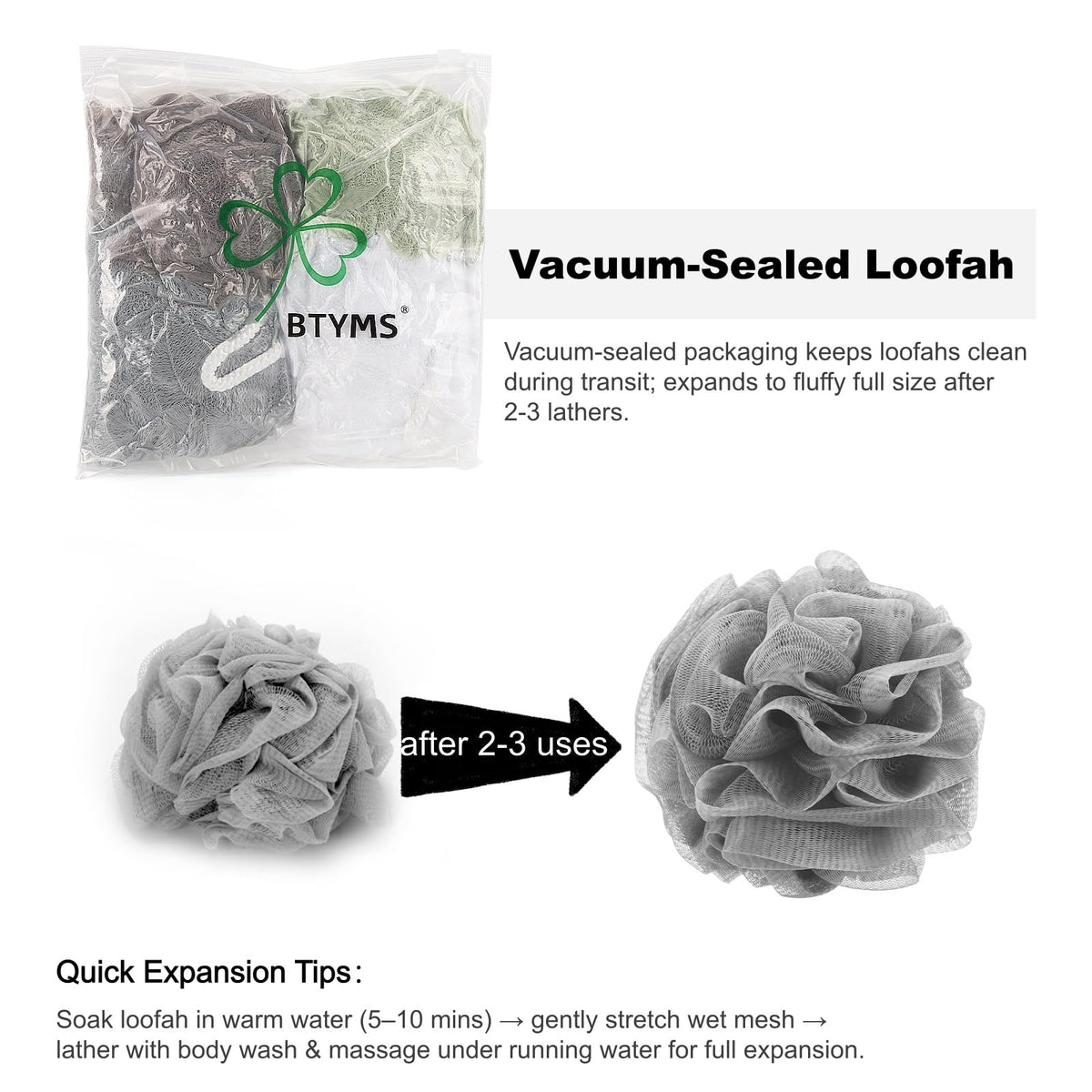 BTYMS loofah sponge showing its fluffy and firm structure