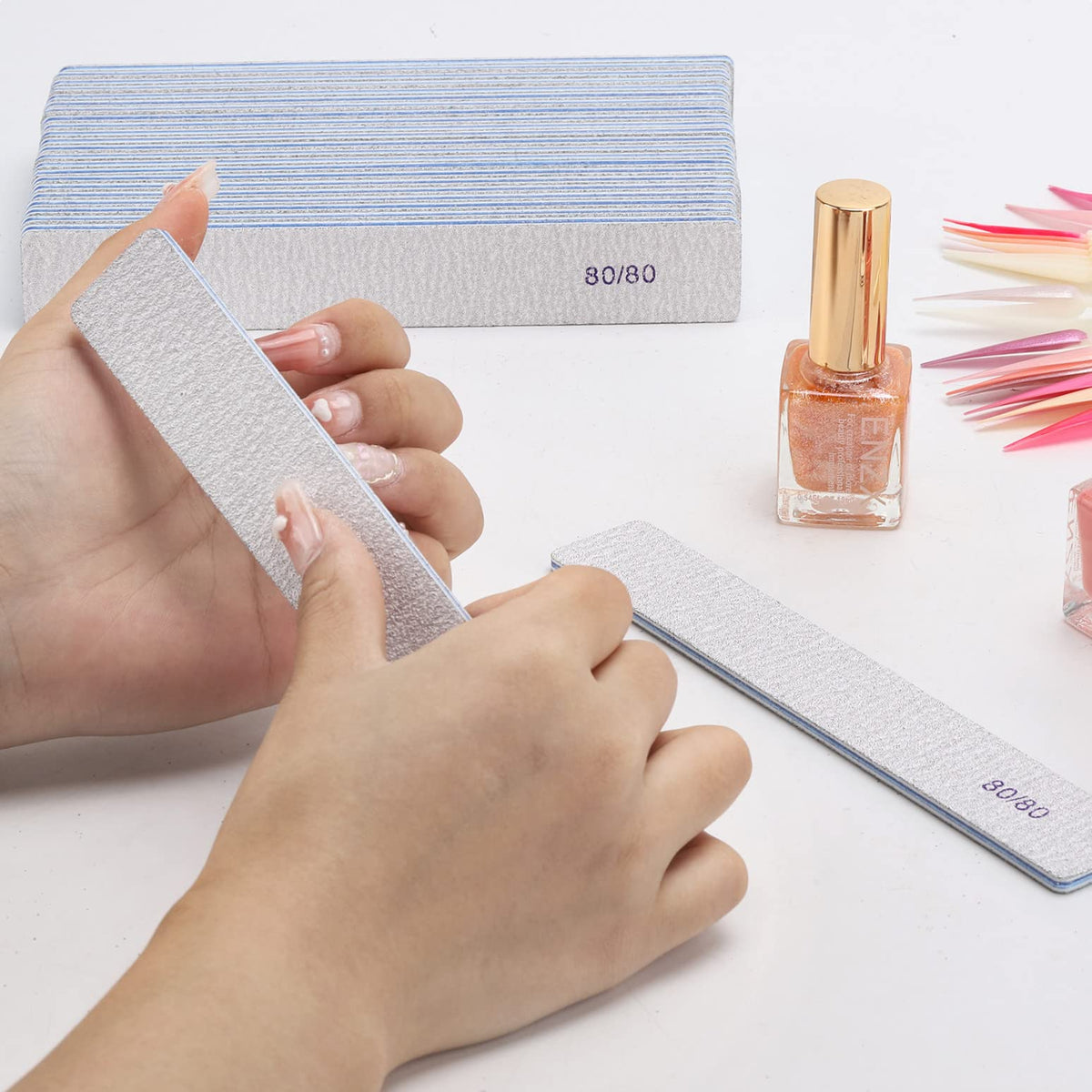 BTYMS nail file on a manicure table with tools
