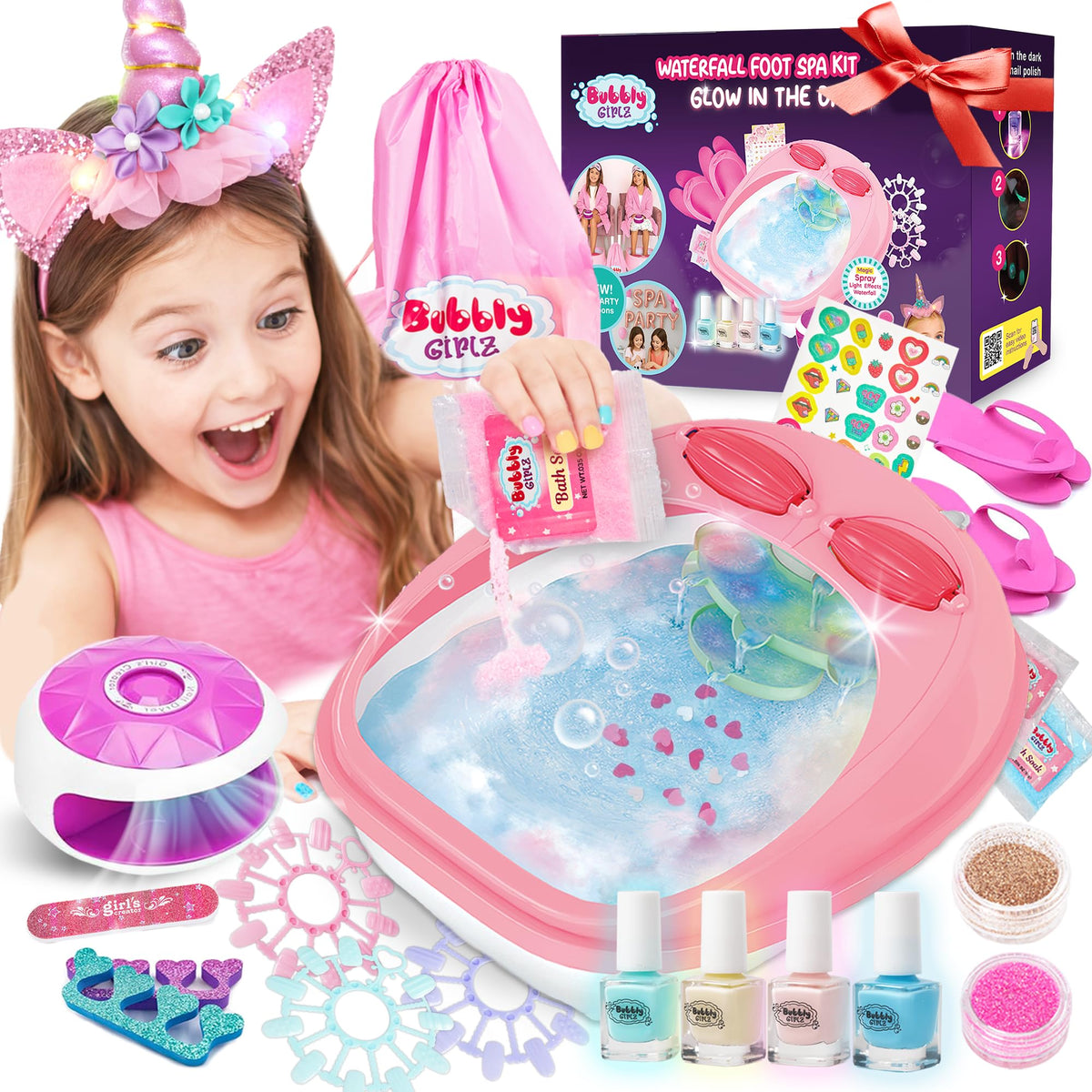 Bubbly Girlz Glow in Dark Kids Spa Day Kit front view with accessories