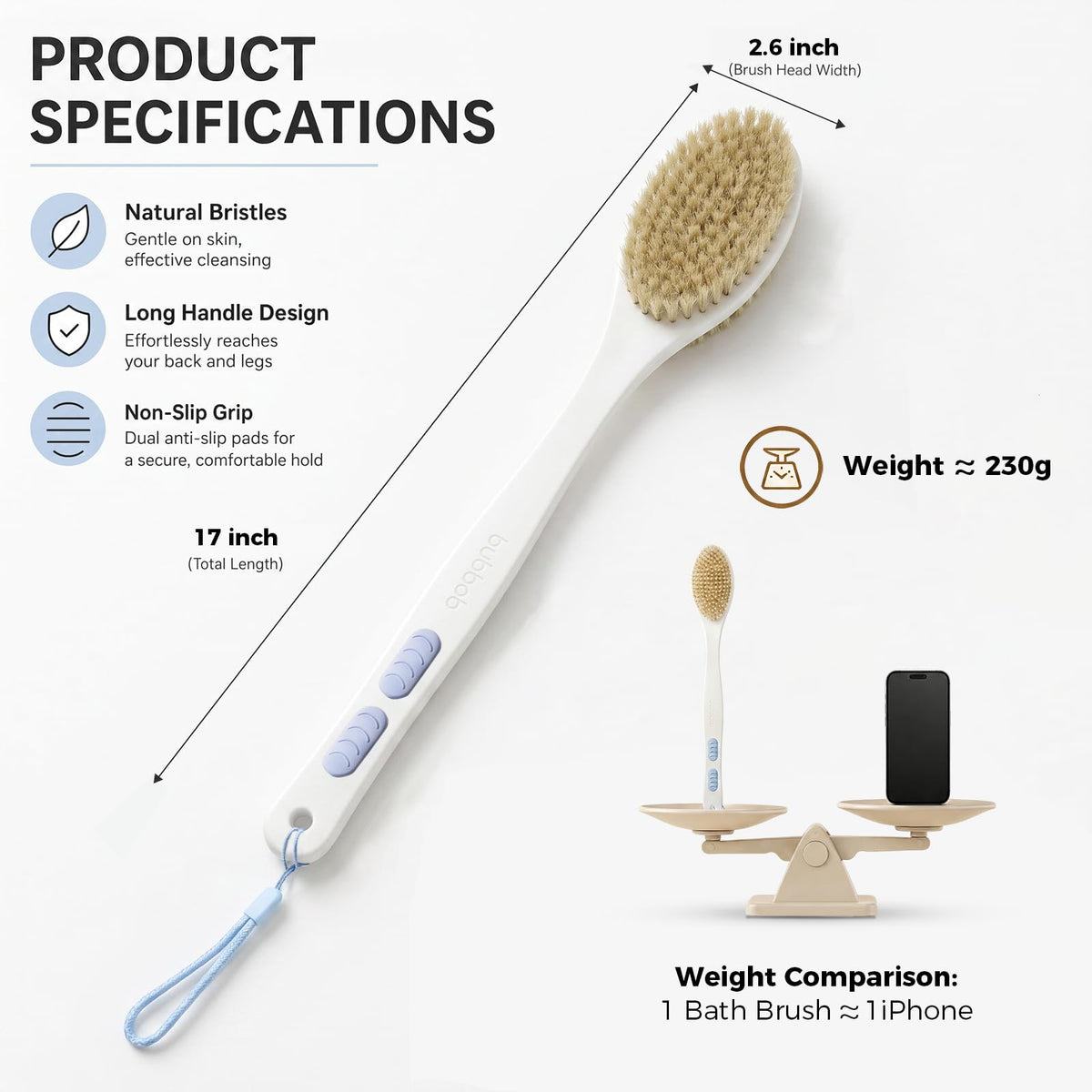 Bubbob Back Scrubber displayed with packaging and care instructions