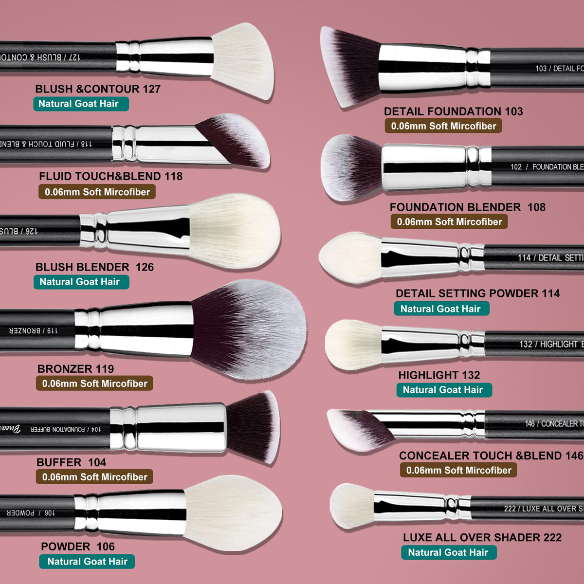 Bueart Design makeup brushes set displayed in a neat arrangement