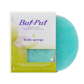 Buf-Puf Body Sponge front view with white and blue sides