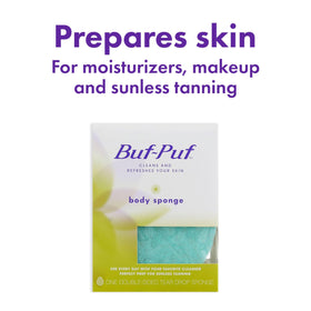 Buf-Puf Body Sponge on a bathroom shelf