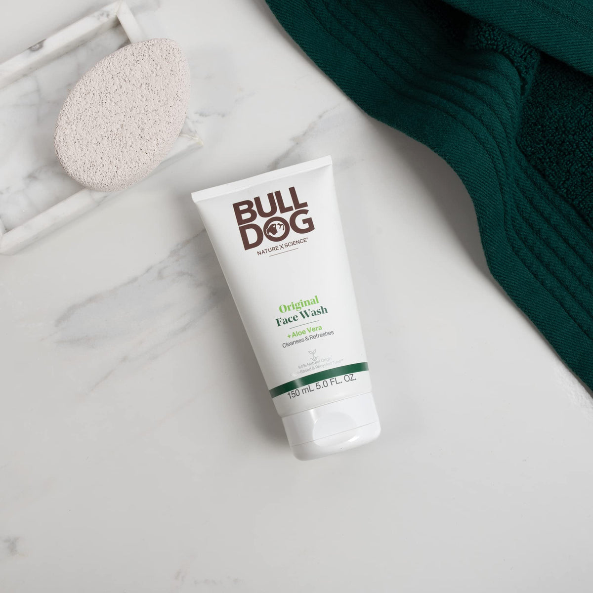 Bulldog skincare products arranged on a bathroom shelf