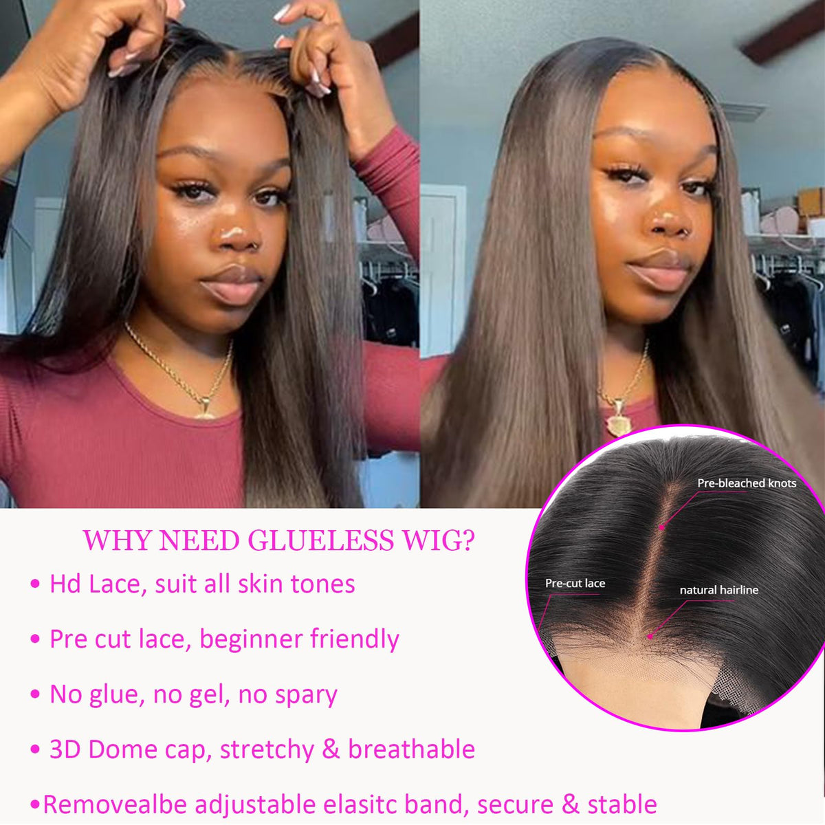 bunGiol Glueless Human Hair Wig 26 Inch close-up of lace