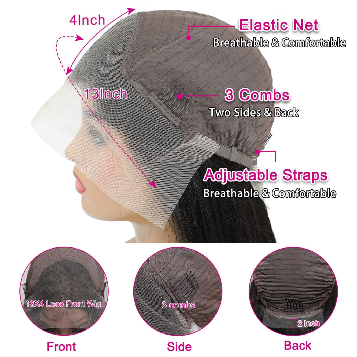 bunGiol Straight Lace Front Wig 24In Black back view