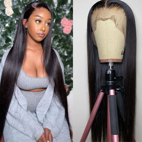 bunGiol Straight Lace Front Wig 30In black model front view