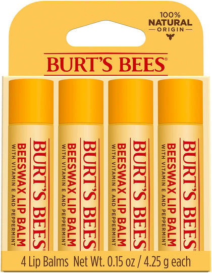 Burt's Bees Beeswax Lip Balm Pack front view with four balms