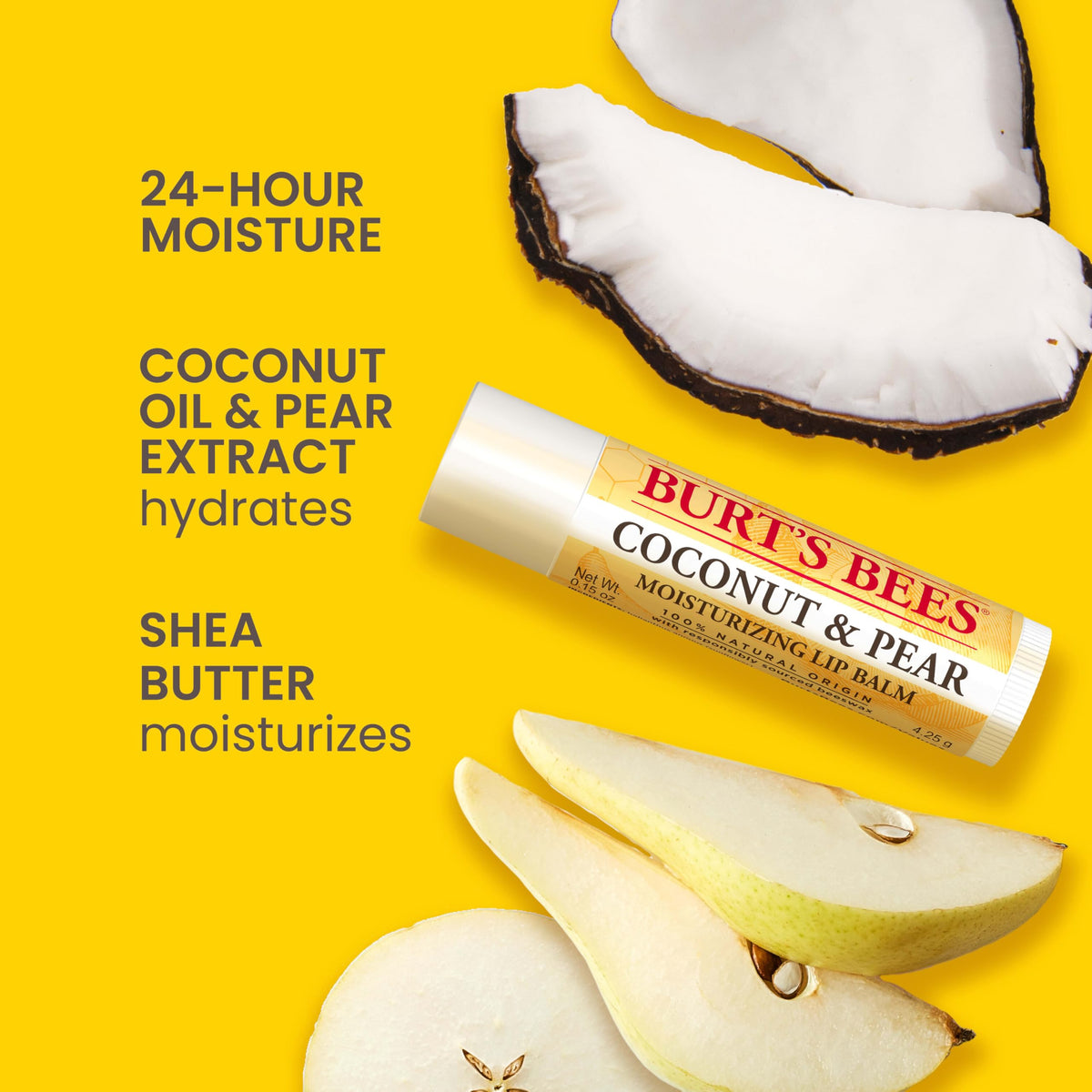 Burt's Bees Coconut and Pear Lip Balm tube close-up