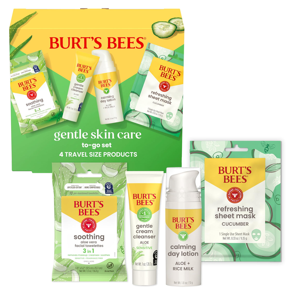 Burt's Bees Gentle Skin Care To-Go Set including cleanser, towelettes, lotion, and sheet mask