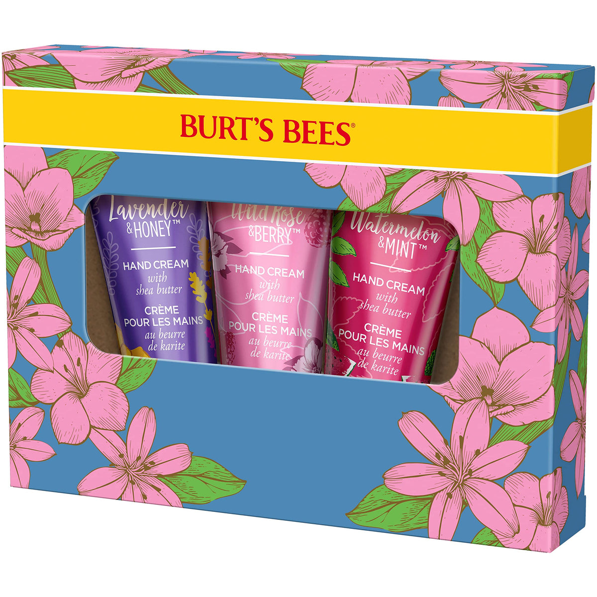 Burt's Bees Hand Cream Trio Gift Set on a table