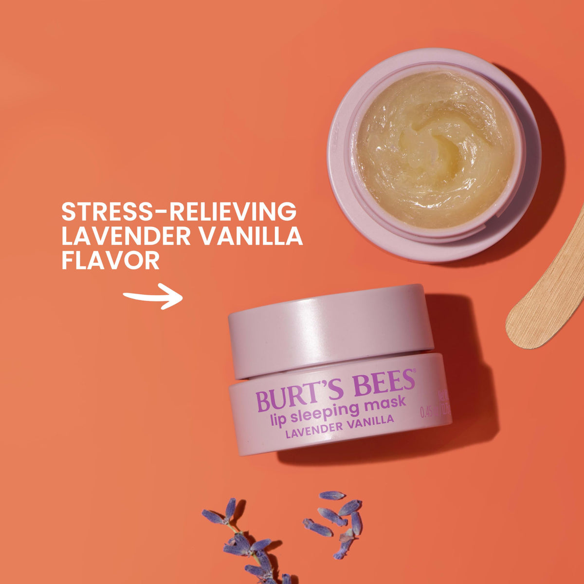Burt's Bees Lavender Vanilla Lip Sleeping Mask on a bedside table