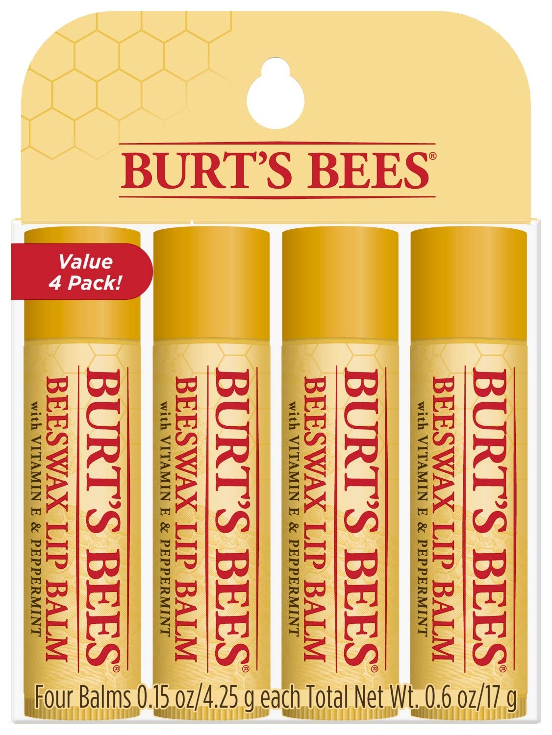 Burt's Bees Lip Balm 4 Pack front view with peppermint flavour