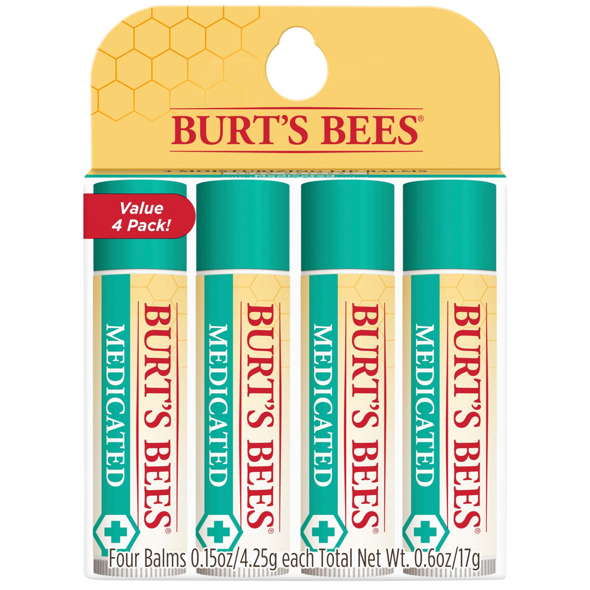 Burt's Bees Medicated Lip Balm pack of four tubes front view